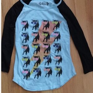 Mudd Cool Cats Blue Shirt Size 10 wearing Sunglasses Lace on Arms